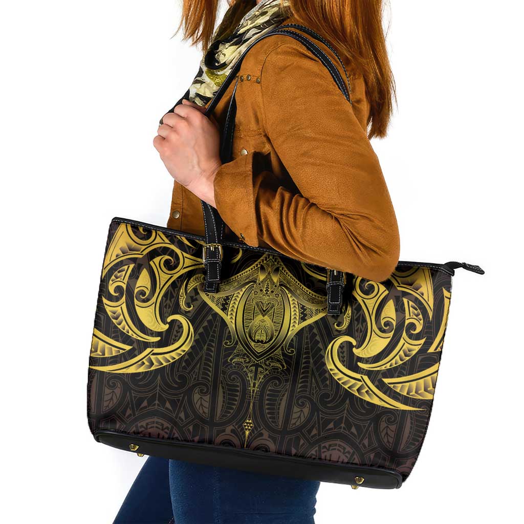 New Zealand Aotearoa Leather Tote Bag Maori Manta Ray Moko Gold LT05 Gold - Polynesian Pride