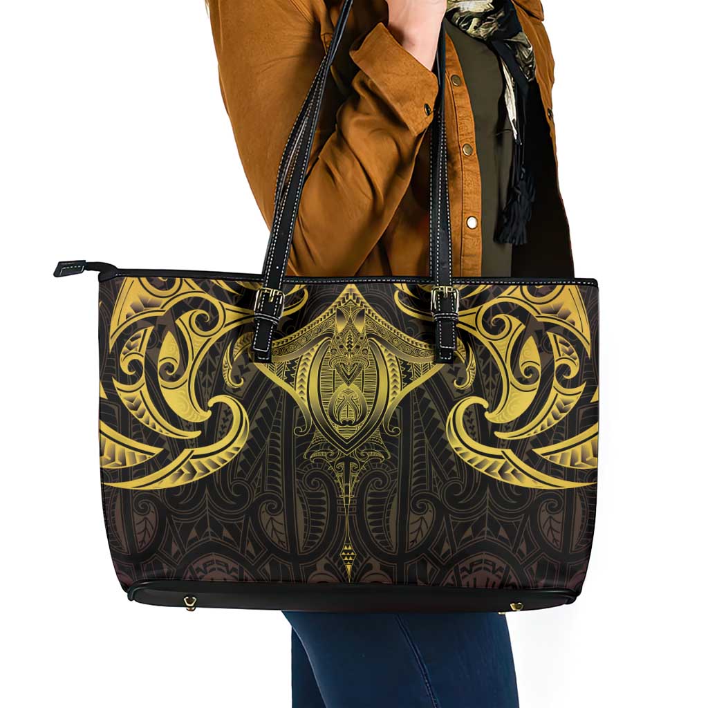 New Zealand Aotearoa Leather Tote Bag Maori Manta Ray Moko Gold LT05 - Polynesian Pride