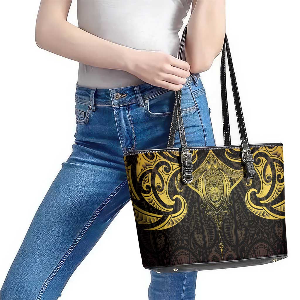 New Zealand Aotearoa Leather Tote Bag Maori Manta Ray Moko Gold LT05 - Polynesian Pride