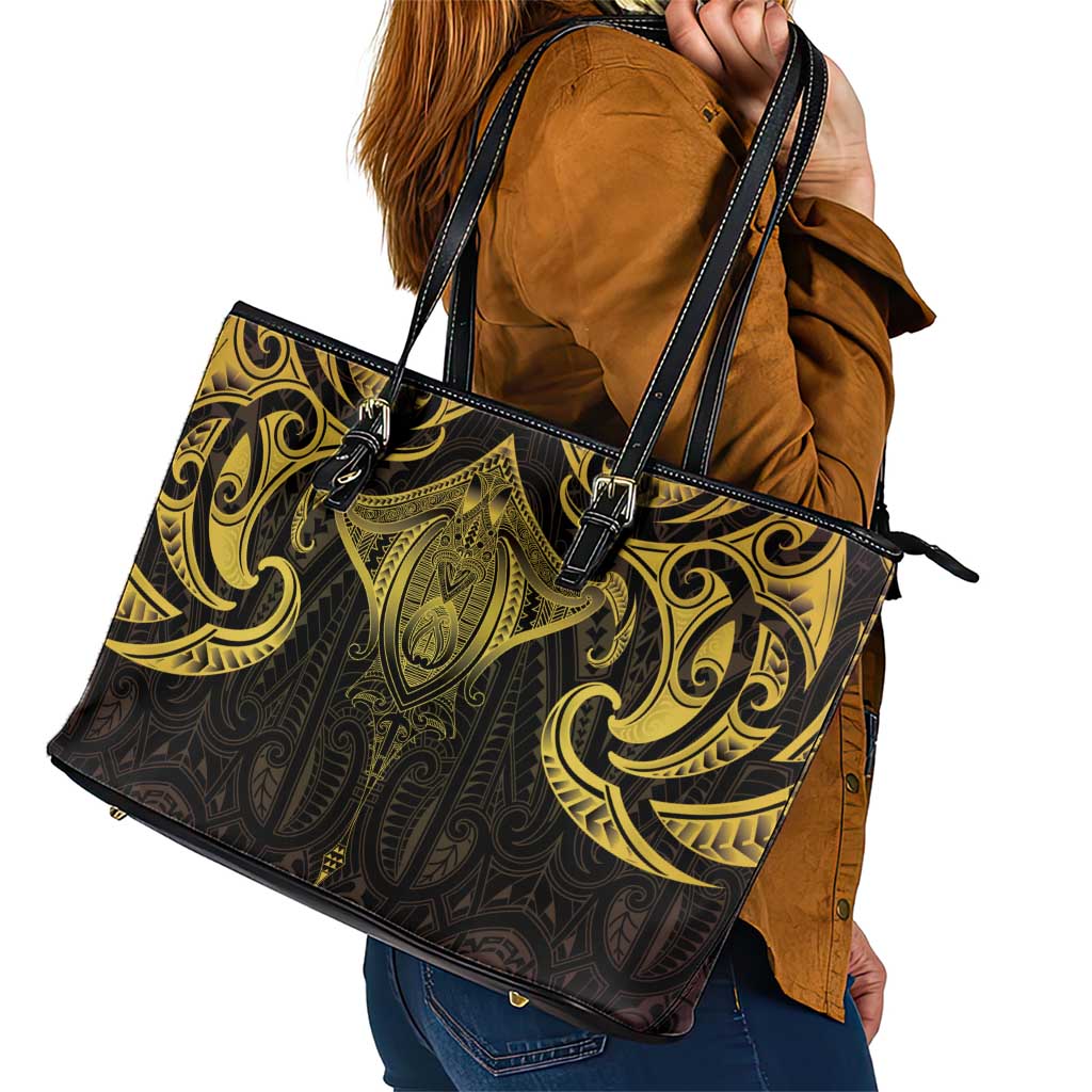 New Zealand Aotearoa Leather Tote Bag Maori Manta Ray Moko Gold LT05 - Polynesian Pride