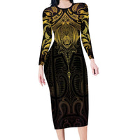 New Zealand Aotearoa Long Sleeve Bodycon Dress Maori Manta Ray Moko Gold LT05 Long Dress Gold - Polynesian Pride