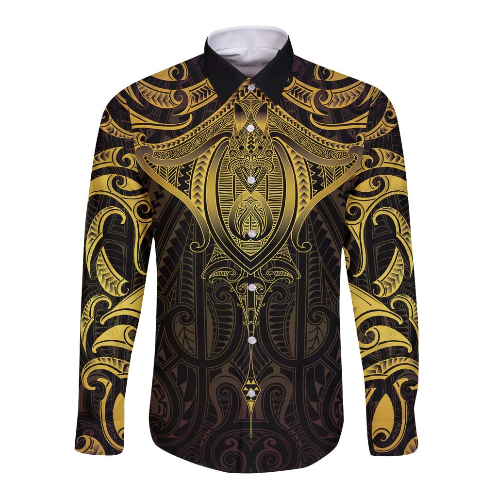 New Zealand Aotearoa Long Sleeve Button Shirt Maori Manta Ray Moko Gold LT05 Unisex Gold - Polynesian Pride
