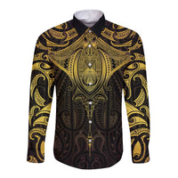New Zealand Aotearoa Long Sleeve Button Shirt Maori Manta Ray Moko Gold LT05 Unisex Gold - Polynesian Pride