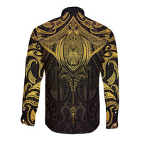 New Zealand Aotearoa Long Sleeve Button Shirt Maori Manta Ray Moko Gold LT05 - Polynesian Pride