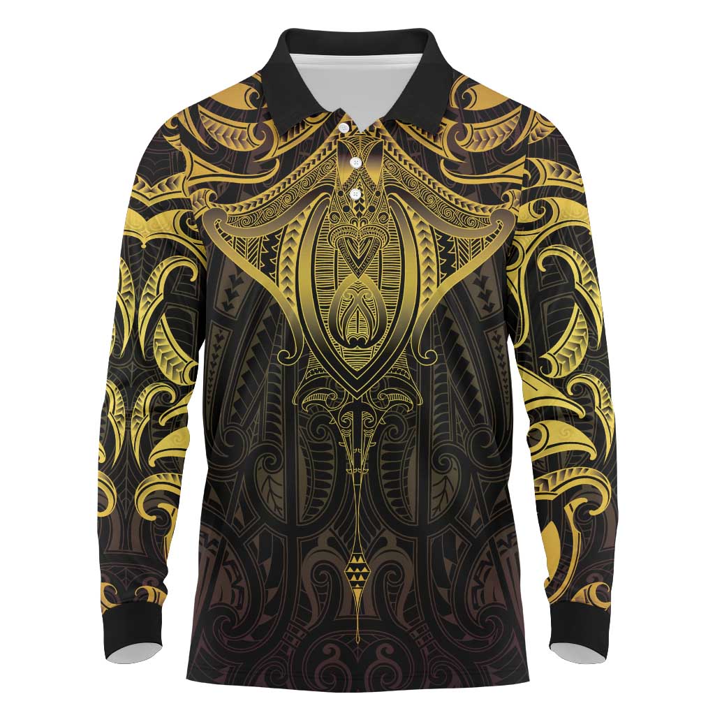 New Zealand Aotearoa Long Sleeve Polo Shirt Maori Manta Ray Moko Gold LT05 Gold - Polynesian Pride