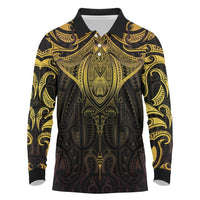 New Zealand Aotearoa Long Sleeve Polo Shirt Maori Manta Ray Moko Gold LT05 Gold - Polynesian Pride