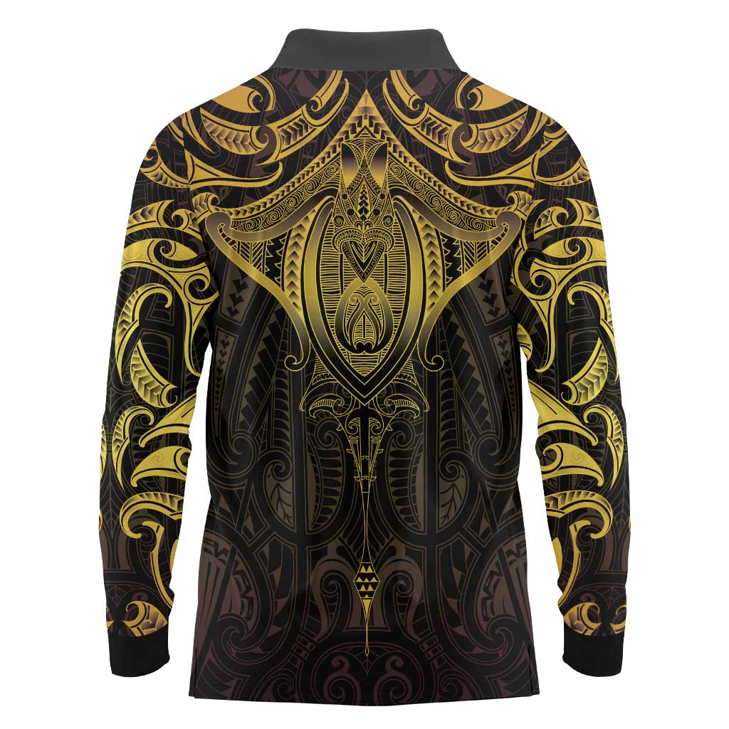New Zealand Aotearoa Long Sleeve Polo Shirt Maori Manta Ray Moko Gold LT05 - Polynesian Pride