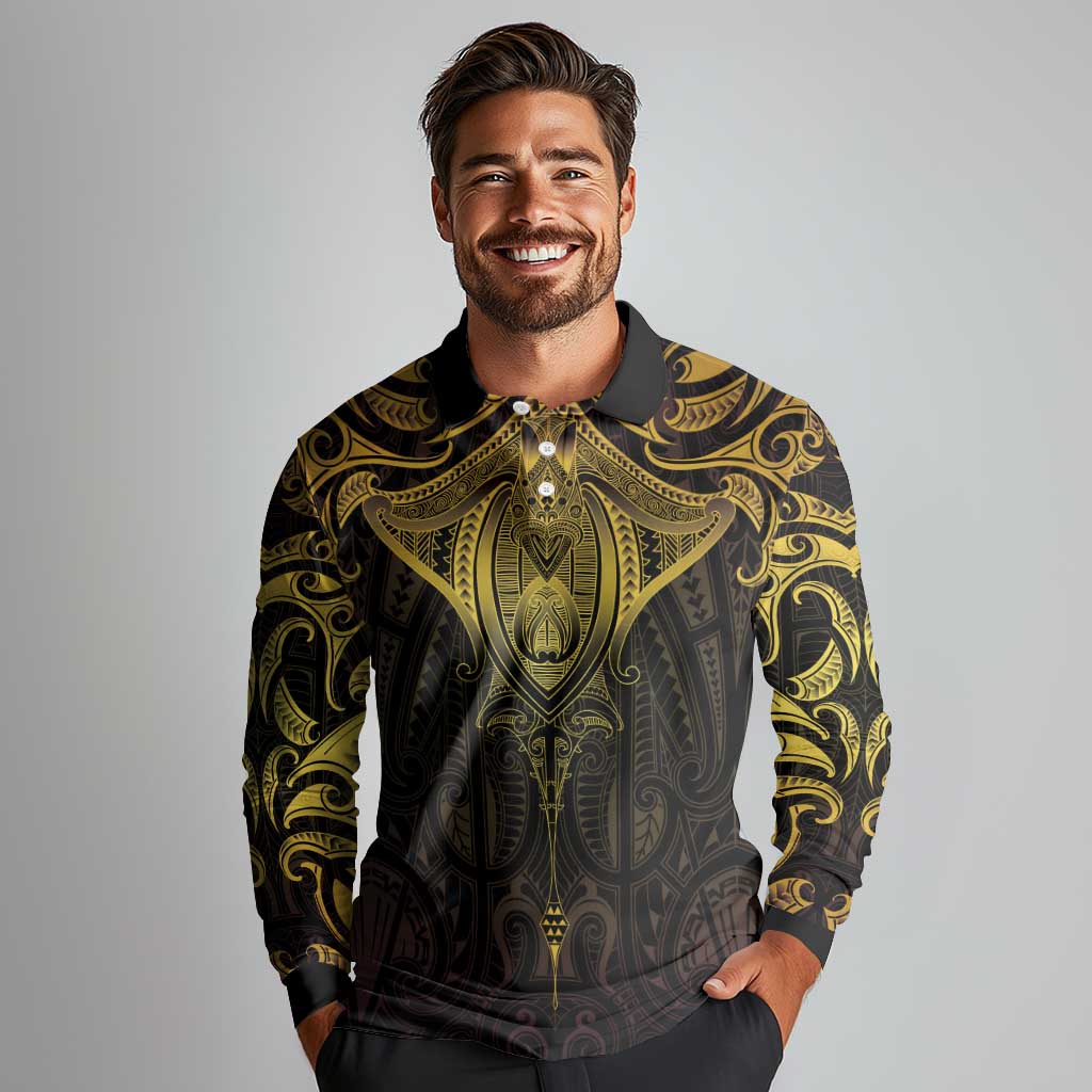 New Zealand Aotearoa Long Sleeve Polo Shirt Maori Manta Ray Moko Gold LT05 - Polynesian Pride