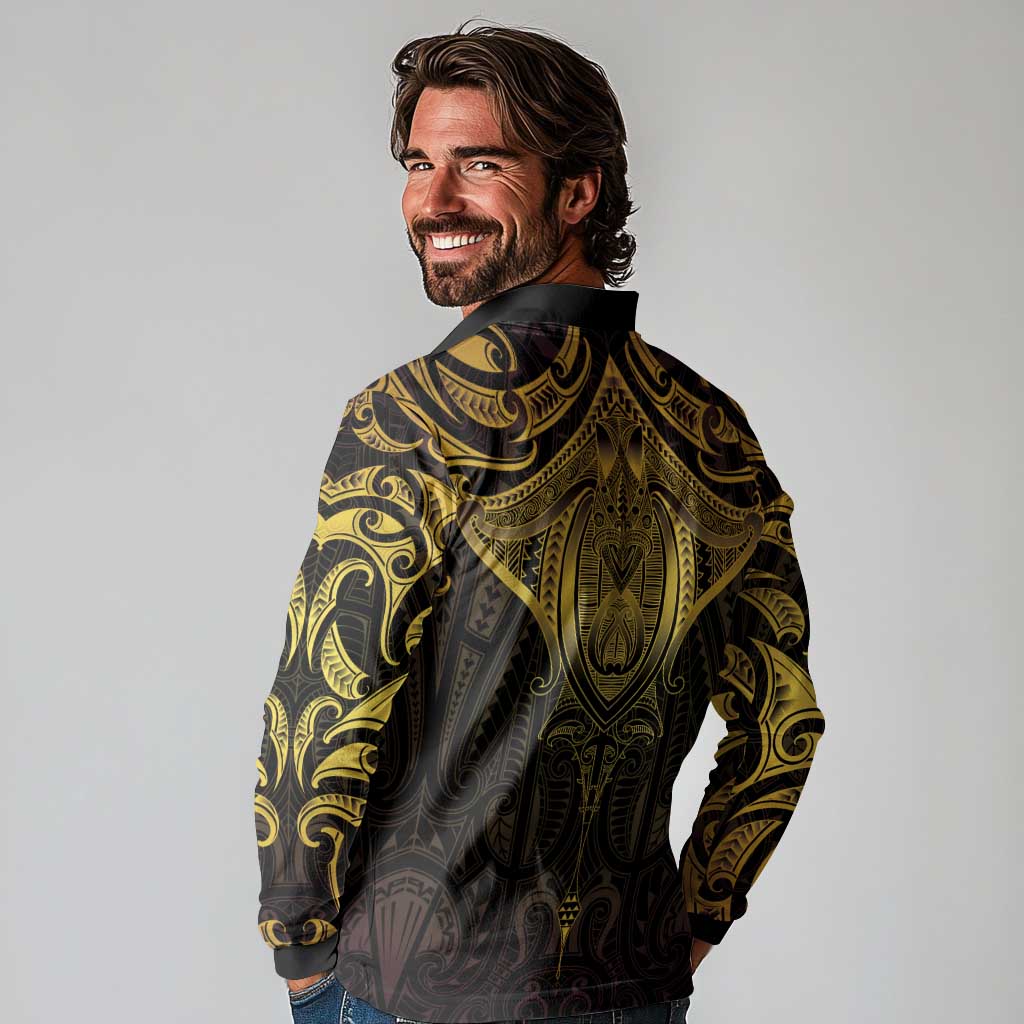 New Zealand Aotearoa Long Sleeve Polo Shirt Maori Manta Ray Moko Gold LT05 - Polynesian Pride