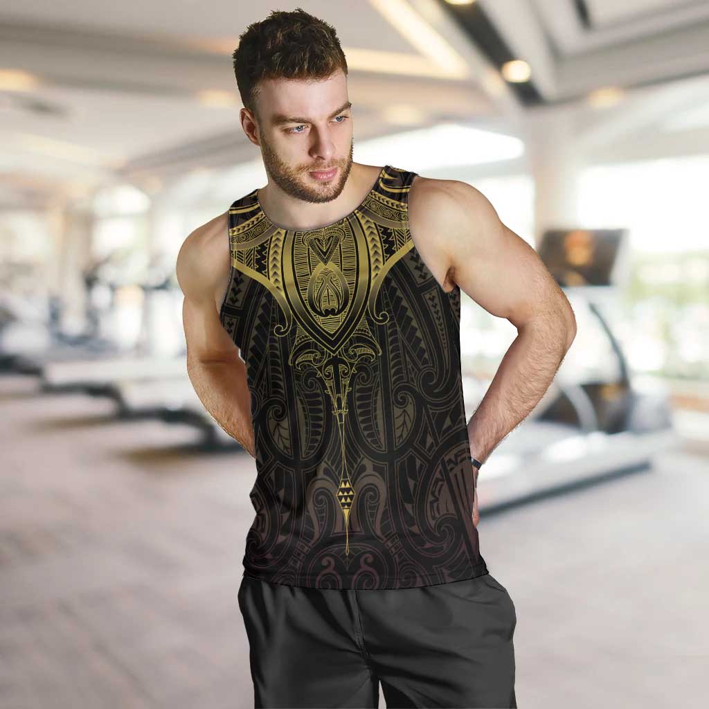 New Zealand Aotearoa Men Tank Top Maori Manta Ray Moko Gold - Polynesian Pride