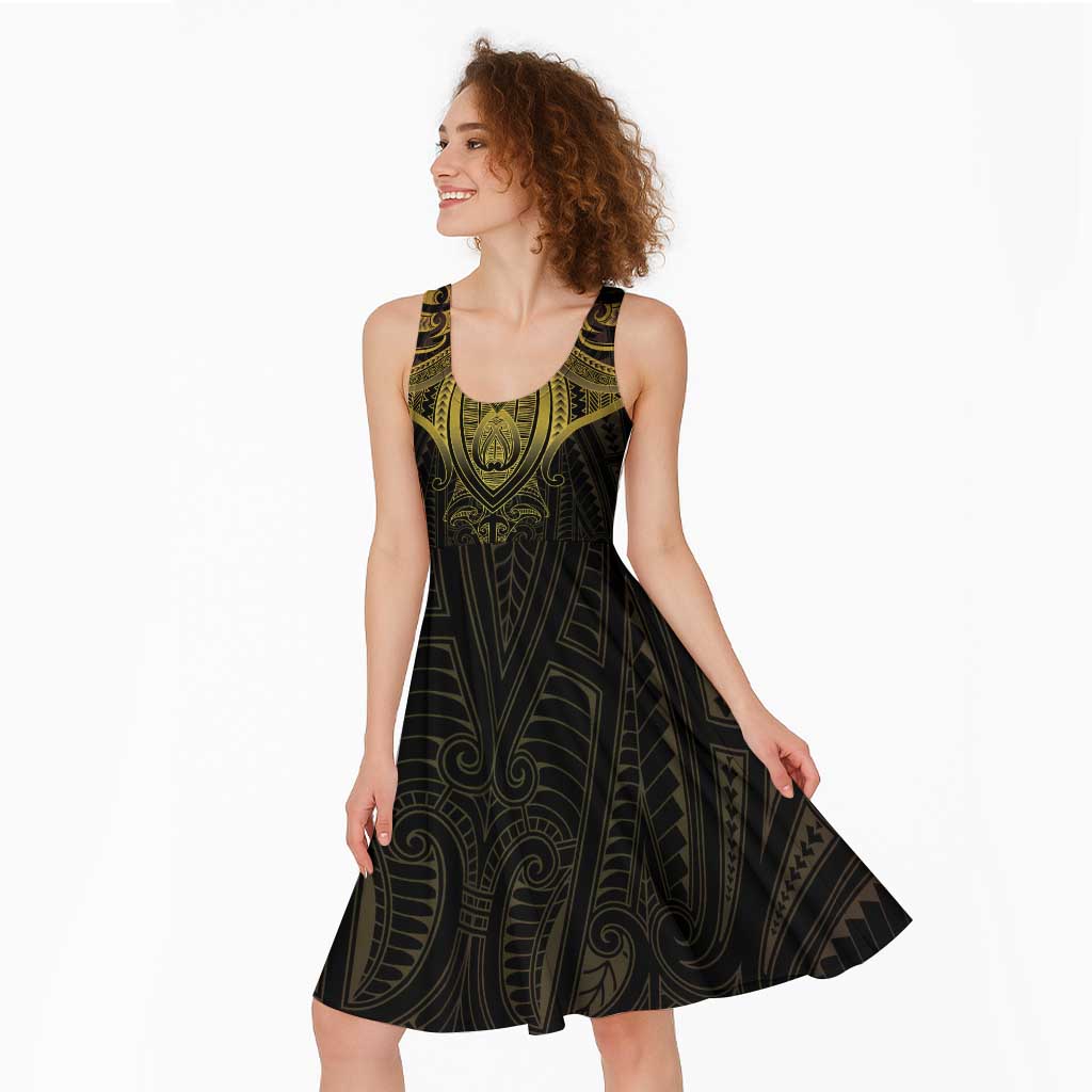 New Zealand Aotearoa Midi Dress Maori Manta Ray Moko Gold LT05 - Polynesian Pride