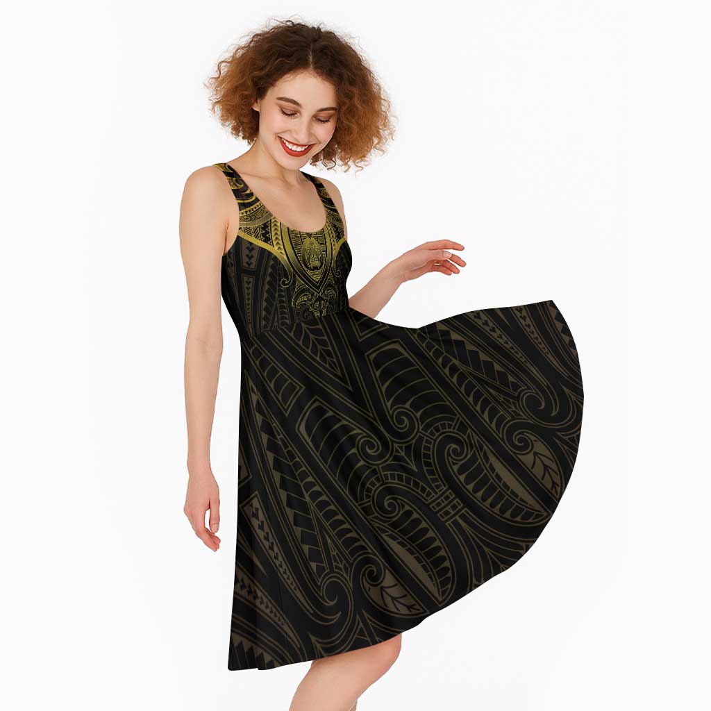 New Zealand Aotearoa Midi Dress Maori Manta Ray Moko Gold LT05 - Polynesian Pride