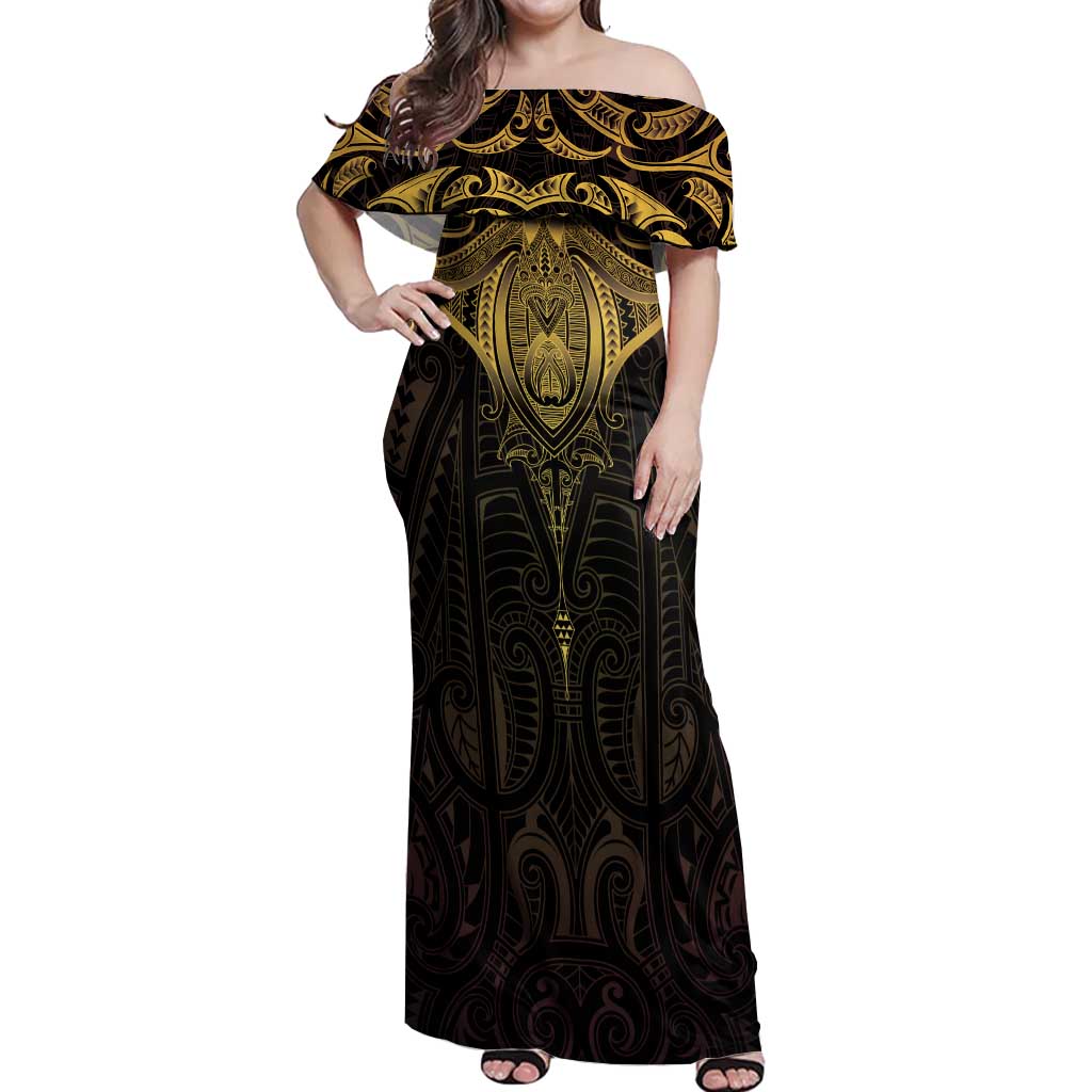 New Zealand Aotearoa Off Shoulder Maxi Dress Maori Manta Ray Moko Gold LT05 Women Gold - Polynesian Pride