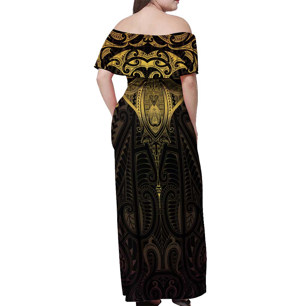 New Zealand Aotearoa Off Shoulder Maxi Dress Maori Manta Ray Moko Gold LT05 - Polynesian Pride