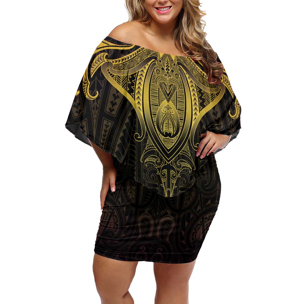New Zealand Aotearoa Off Shoulder Short Dress Maori Manta Ray Moko Gold LT05 Women Gold - Polynesian Pride