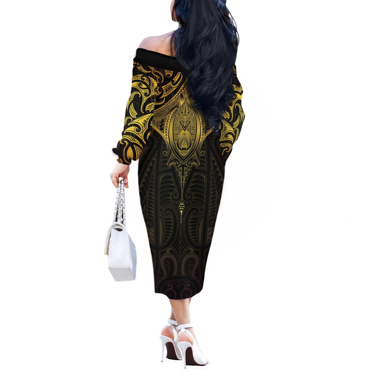 New Zealand Aotearoa Off The Shoulder Long Sleeve Dress Maori Manta Ray Moko Gold LT05 - Polynesian Pride