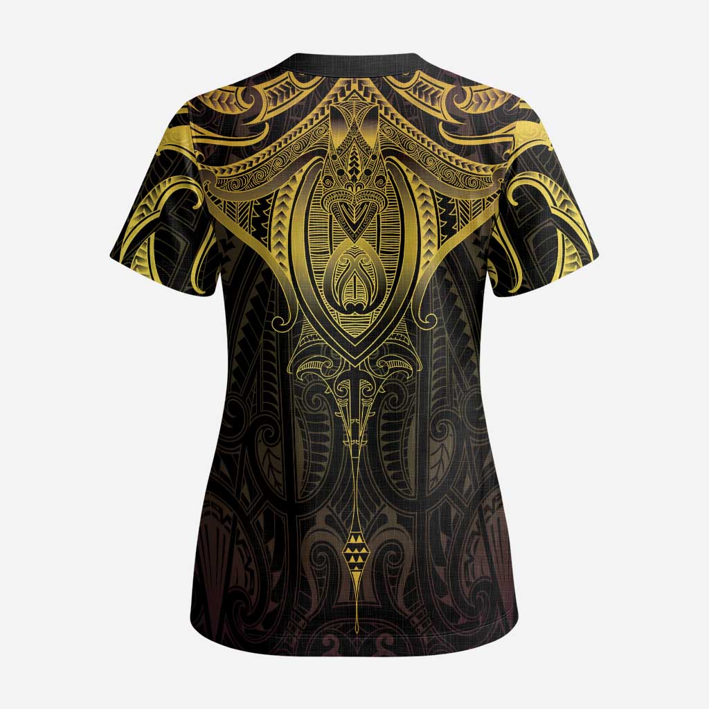New Zealand Aotearoa Scrub Top Maori Manta Ray Moko Gold - Polynesian Pride