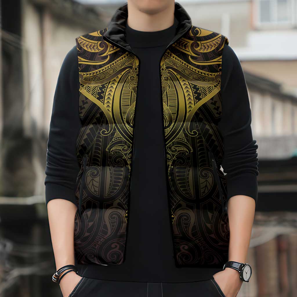 New Zealand Aotearoa Sleeveless Puffer Jacket Maori Manta Ray Moko Gold - Polynesian Pride