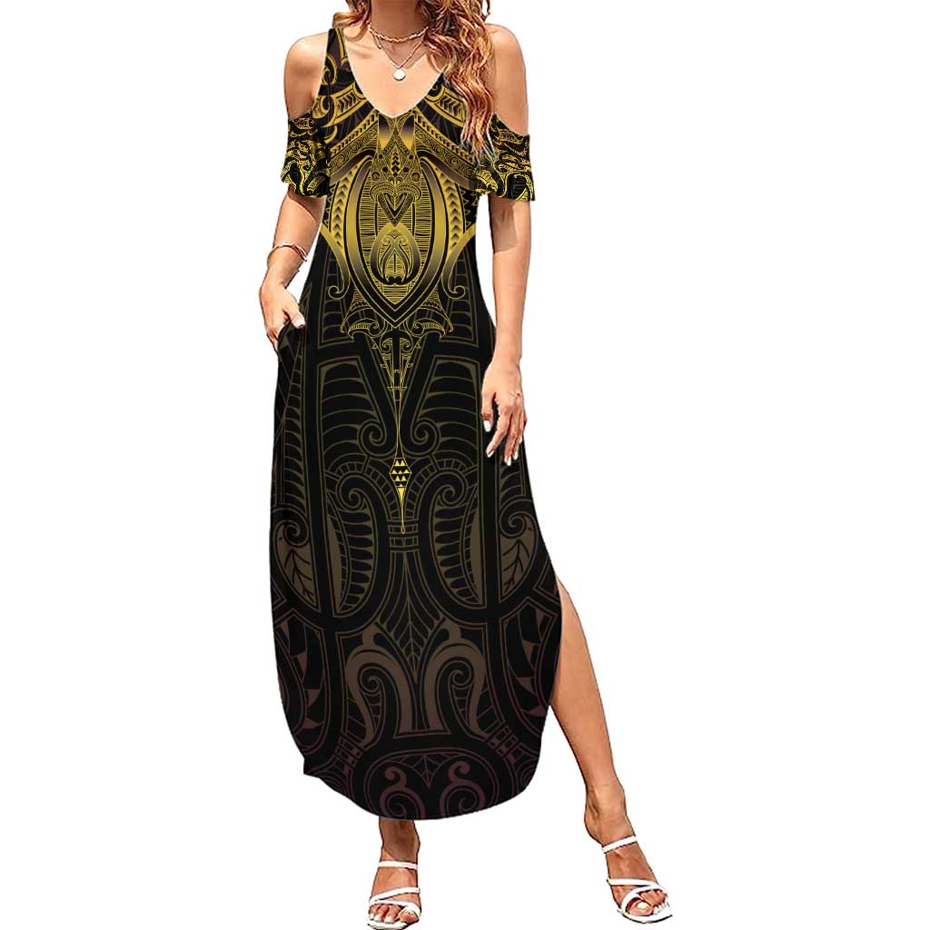 New Zealand Aotearoa Summer Maxi Dress Maori Manta Ray Moko Gold LT05 Women Gold - Polynesian Pride