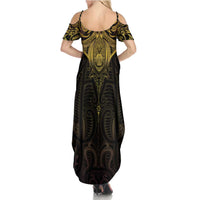 New Zealand Aotearoa Summer Maxi Dress Maori Manta Ray Moko Gold LT05 - Polynesian Pride