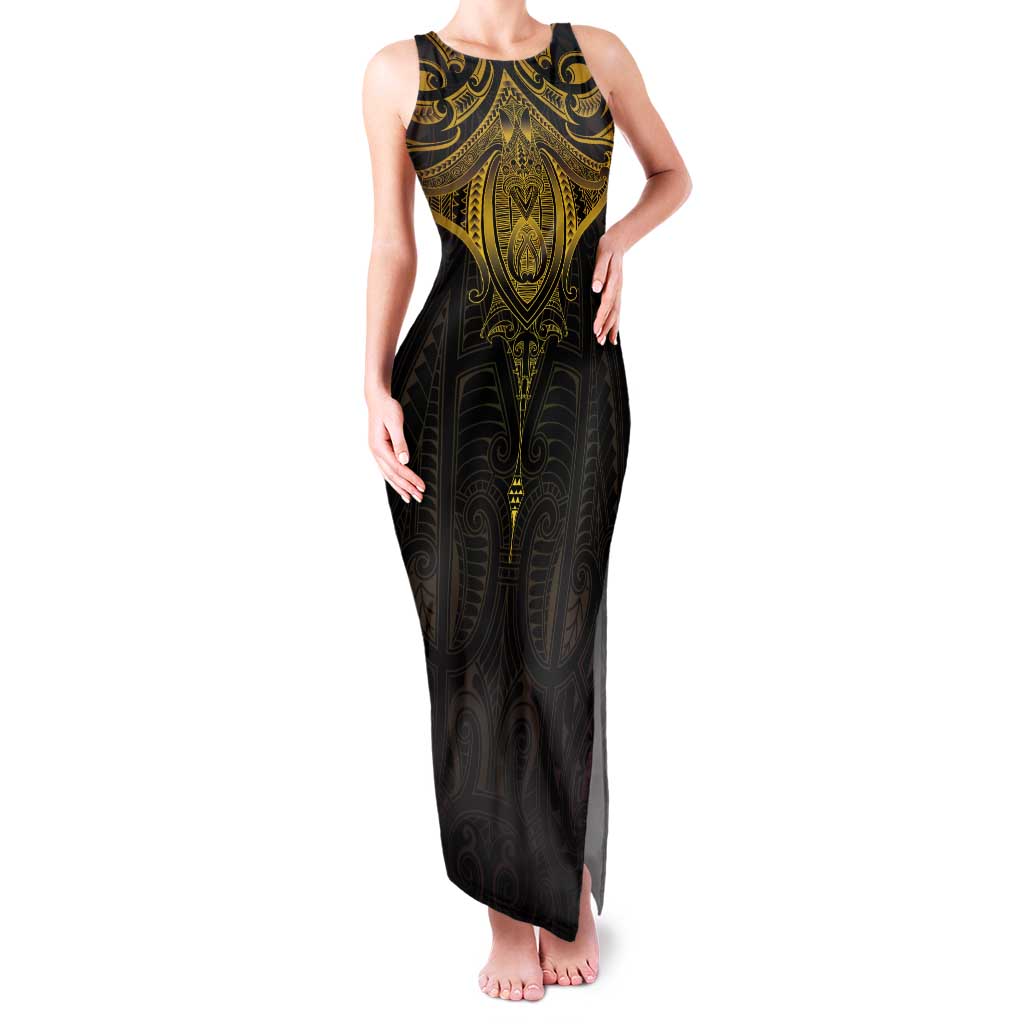 New Zealand Aotearoa Tank Maxi Dress Maori Manta Ray Moko Gold LT05 Women Gold - Polynesian Pride