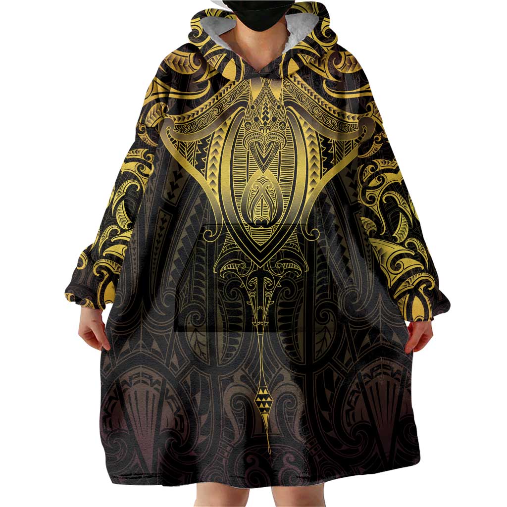 New Zealand Aotearoa Wearable Blanket Hoodie Maori Manta Ray Moko Gold LT05 - Polynesian Pride