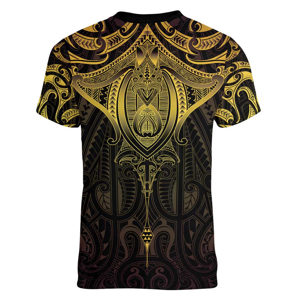 New Zealand Aotearoa Women V-Neck T-Shirt Maori Manta Ray Moko Gold LT05 - Polynesian Pride