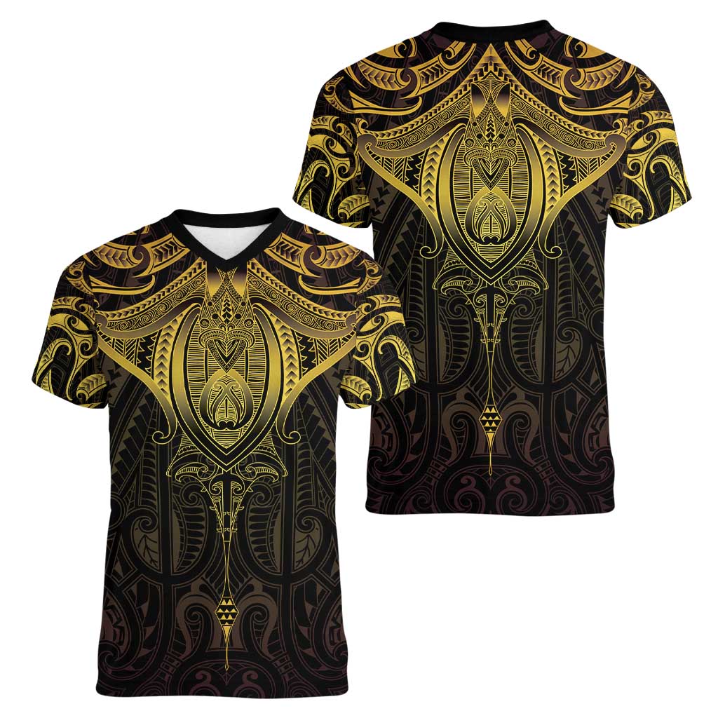 New Zealand Aotearoa Women V-Neck T-Shirt Maori Manta Ray Moko Gold LT05 - Polynesian Pride