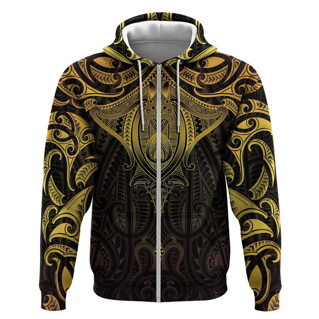 New Zealand Aotearoa Zip Hoodie Maori Manta Ray Moko Gold LT05 Zip Hoodie Gold - Polynesian Pride