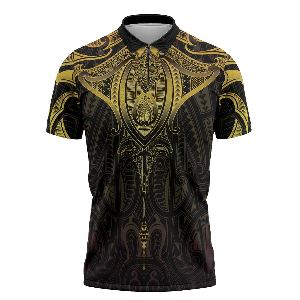 New Zealand Aotearoa Zipper Polo Shirt Maori Manta Ray Moko Gold - Polynesian Pride