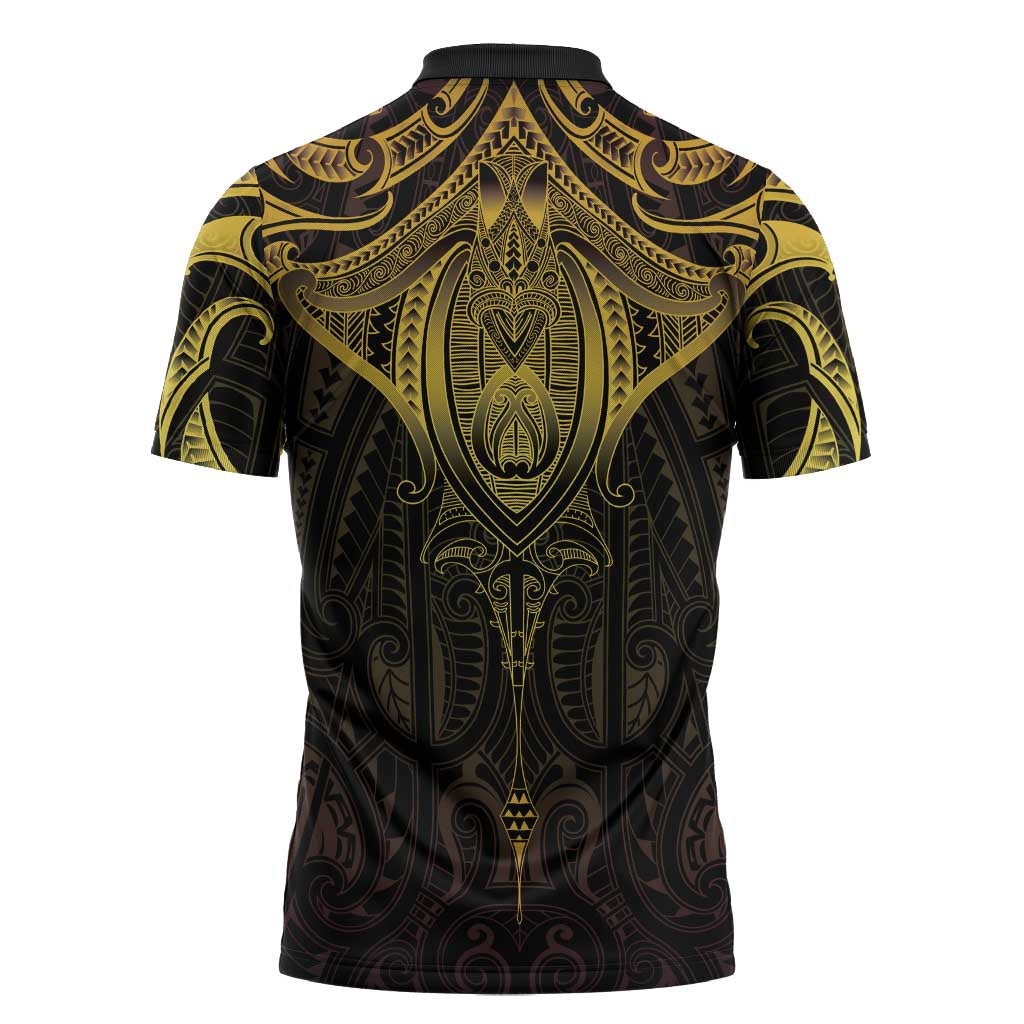 New Zealand Aotearoa Zipper Polo Shirt Maori Manta Ray Moko Gold LT05 - Polynesian Pride