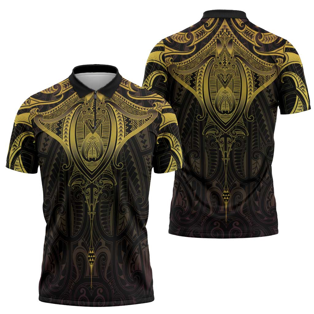 New Zealand Aotearoa Zipper Polo Shirt Maori Manta Ray Moko Gold LT05 - Polynesian Pride