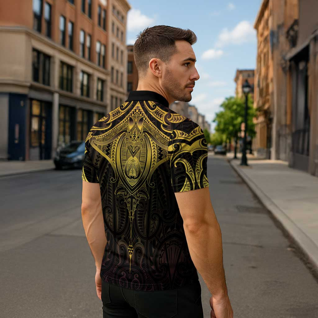 New Zealand Aotearoa Zipper Polo Shirt Maori Manta Ray Moko Gold LT05 - Polynesian Pride