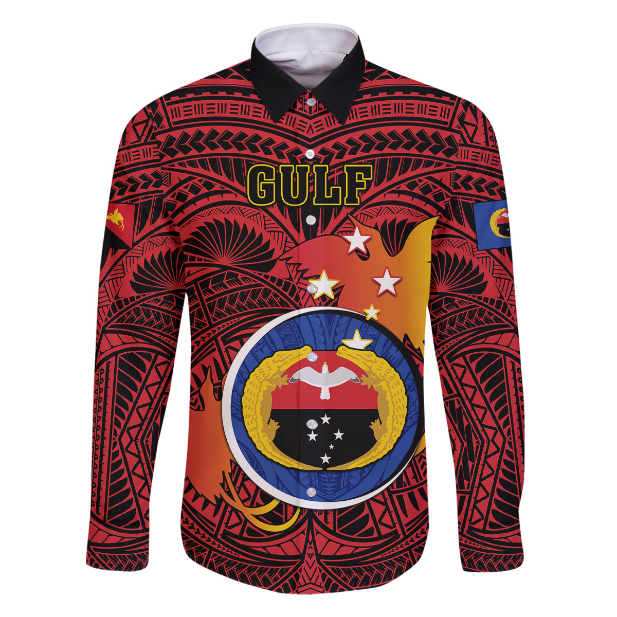 Personalized Papua New Guinea Gulf Province Family Matching Puletasi Dress and Hawaiian Shirt Mix Coat Of Arms Polynesian Pattern LT05 Dad's Shirt - Long Sleeve Red - Polynesian Pride
