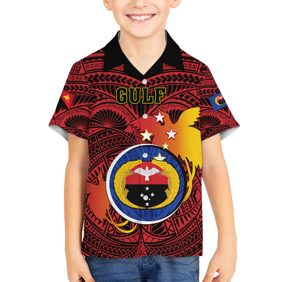 Personalized Papua New Guinea Gulf Province Kid Hawaiian Shirt Mix Coat Of Arms Polynesian Pattern LT05 - Polynesian Pride