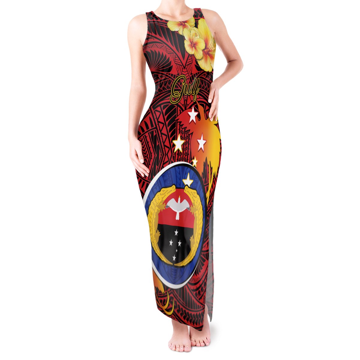 Personalized Papua New Guinea Gulf Province Tank Maxi Dress Mix Coat Of Arms Polynesian Pattern LT05 Women Red - Polynesian Pride