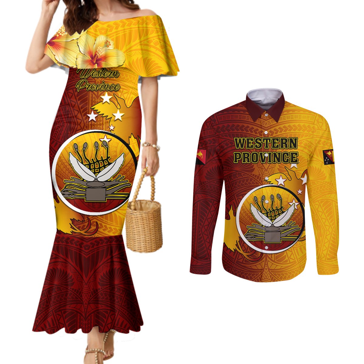 Personalized Papua New Guinea Western Province Couples Matching Mermaid Dress and Long Sleeve Button Shirts Mix Coat Of Arms Polynesian Pattern LT05 Red - Polynesian Pride