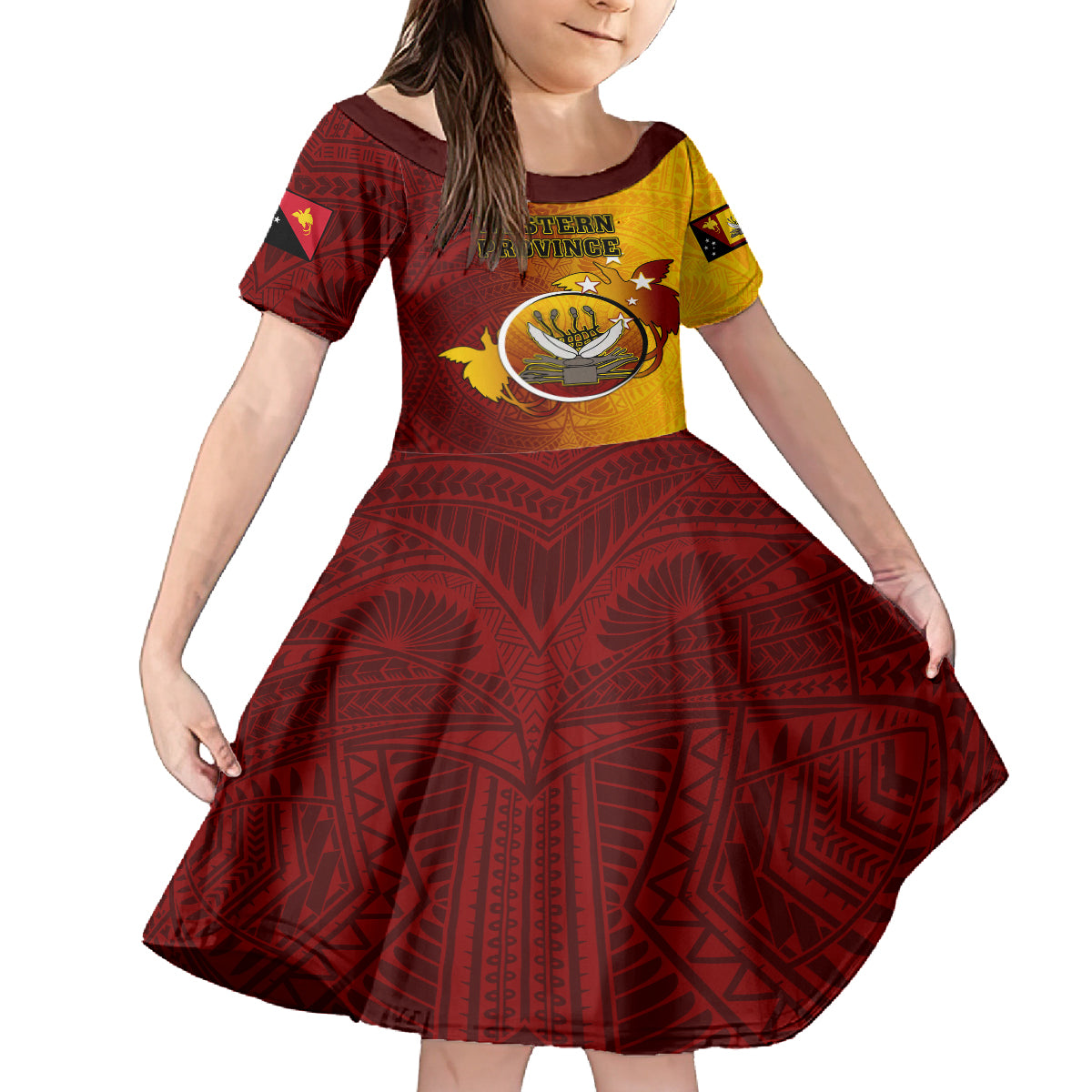 Personalized Papua New Guinea Western Province Family Matching Off Shoulder Long Sleeve Dress and Hawaiian Shirt Mix Coat Of Arms Polynesian Pattern LT05 Daughter's Dress Red - Polynesian Pride