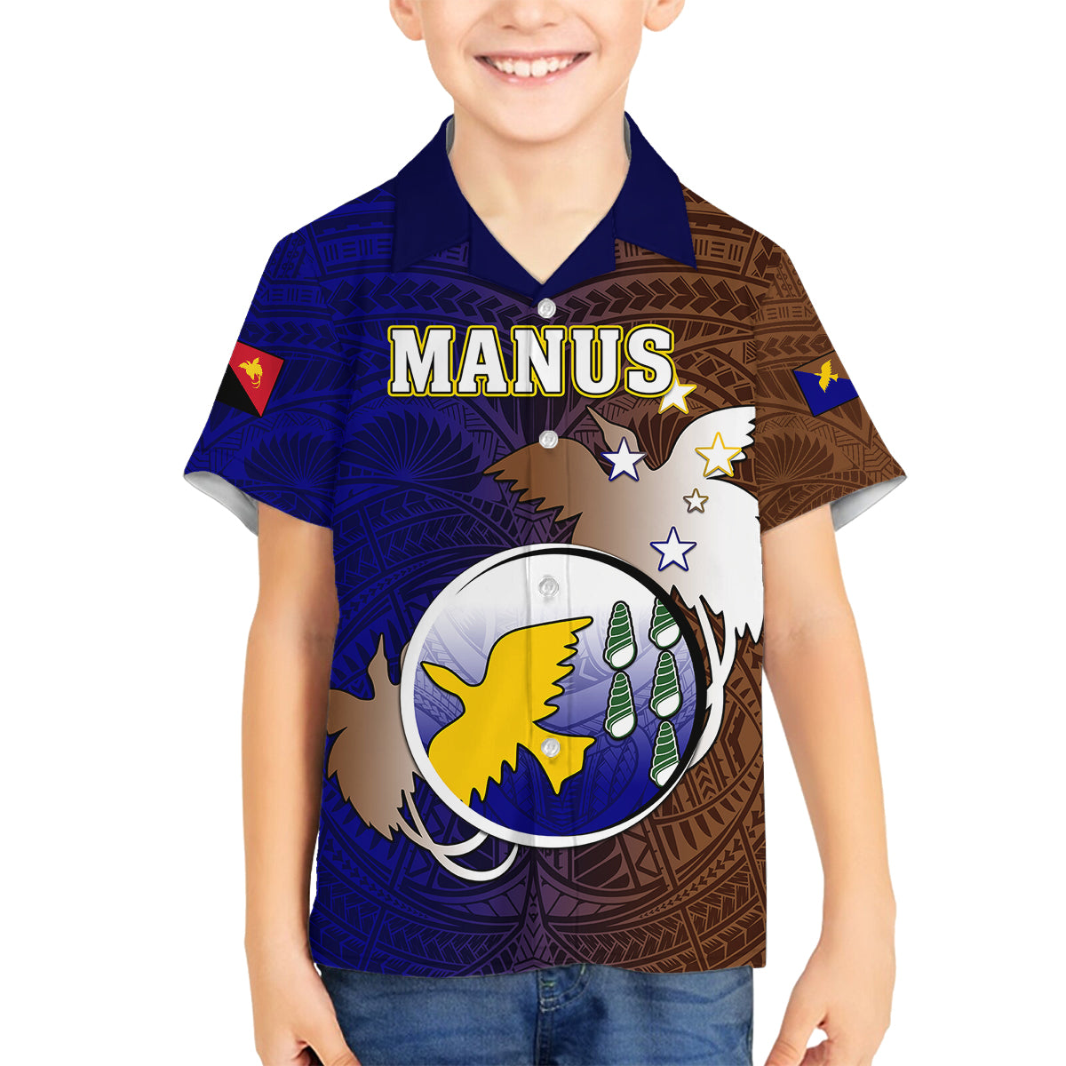 Personalized Papua New Guinea Manus Province Family Matching Off Shoulder Long Sleeve Dress and Hawaiian Shirt Mix Coat Of Arms Polynesian Pattern LT05 Son's Shirt Brown - Polynesian Pride