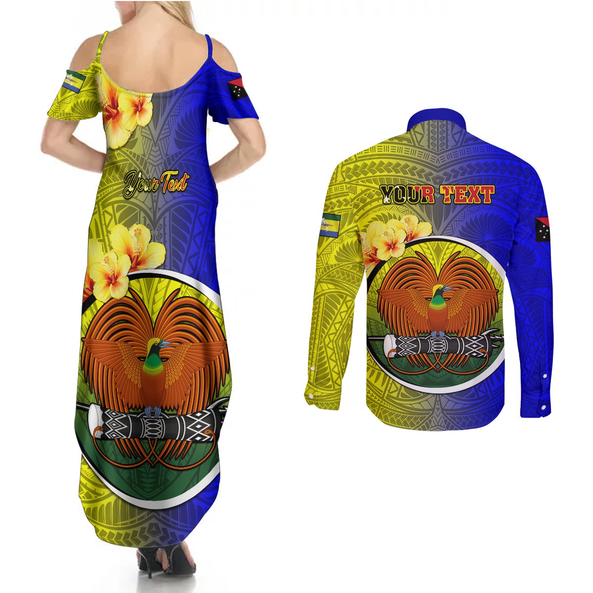 Personalized Papua New Guinea Morobe Province Couples Matching Summer Maxi Dress and Long Sleeve Button Shirts Mix Coat Of Arms Polynesian Pattern LT05 - Polynesian Pride