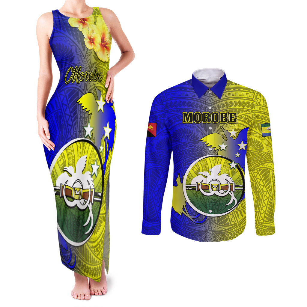 Personalized Papua New Guinea Morobe Province Couples Matching Tank Maxi Dress and Long Sleeve Button Shirts Mix Coat Of Arms Polynesian Pattern LT05 Yellow - Polynesian Pride