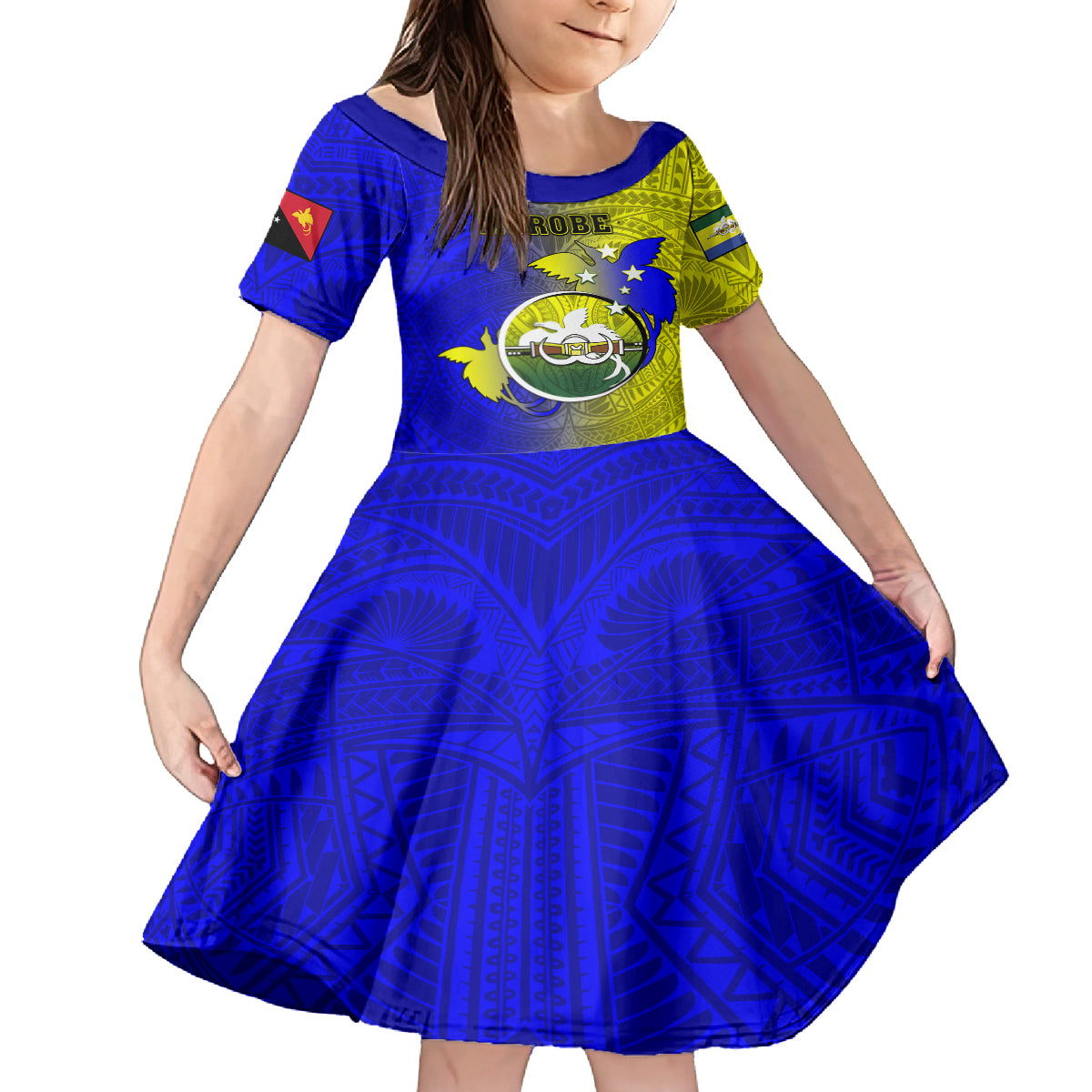 Personalized Papua New Guinea Morobe Province Family Matching Off Shoulder Maxi Dress and Hawaiian Shirt Mix Coat Of Arms Polynesian Pattern LT05 Daughter's Dress Yellow - Polynesian Pride