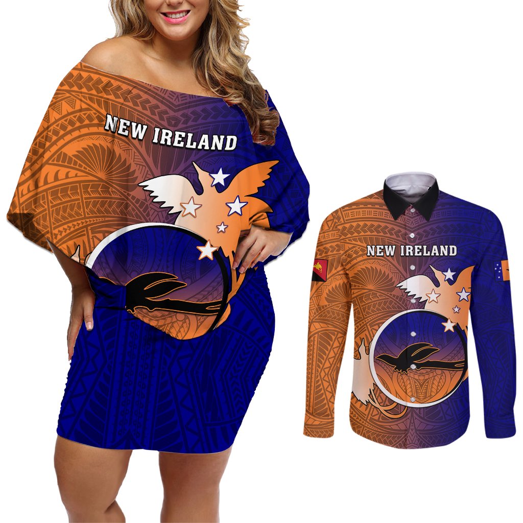 Personalized Papua New Guinea New Ireland Province Couples Matching Off Shoulder Short Dress and Long Sleeve Button Shirts Mix Coat Of Arms Polynesian Pattern LT05 Blue - Polynesian Pride