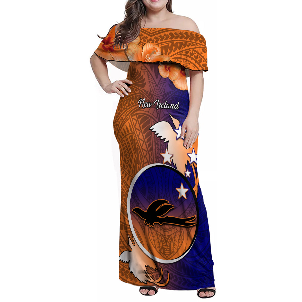 Personalized Papua New Guinea New Ireland Province Family Matching Off Shoulder Maxi Dress and Hawaiian Shirt Mix Coat Of Arms Polynesian Pattern LT05 Mom's Dress Blue - Polynesian Pride