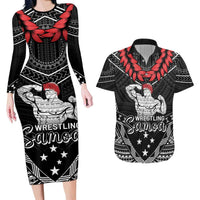 Custom Samoa Wrestling Couples Matching Long Sleeve Bodycon Dress and Hawaiian Shirt Samoan Wrestler Ulafala Style LT05 Black - Polynesian Pride