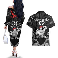 Custom Samoa Wrestling Couples Matching Off The Shoulder Long Sleeve Dress and Hawaiian Shirt Samoan Wrestler Ulafala Style LT05 - Polynesian Pride