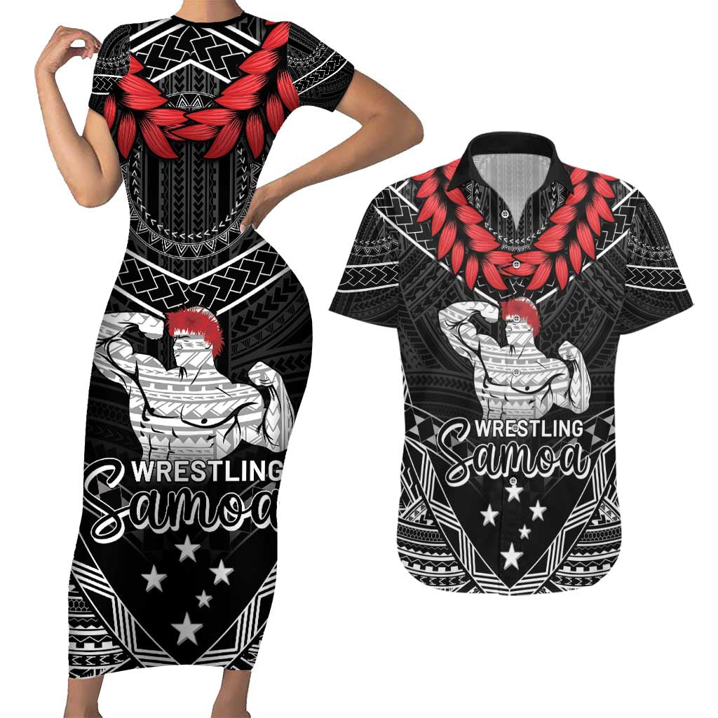 Custom Samoa Wrestling Couples Matching Short Sleeve Bodycon Dress and Hawaiian Shirt Samoan Wrestler Ulafala Style LT05 Black - Polynesian Pride