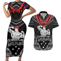 Custom Samoa Wrestling Couples Matching Short Sleeve Bodycon Dress and Hawaiian Shirt Samoan Wrestler Ulafala Style LT05 Black - Polynesian Pride