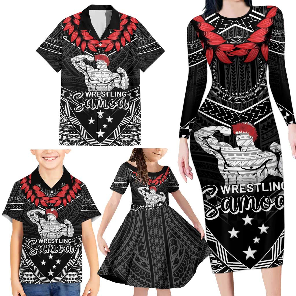 Custom Samoa Wrestling Family Matching Long Sleeve Bodycon Dress and Hawaiian Shirt Samoan Wrestler Ulafala Style LT05 - Polynesian Pride