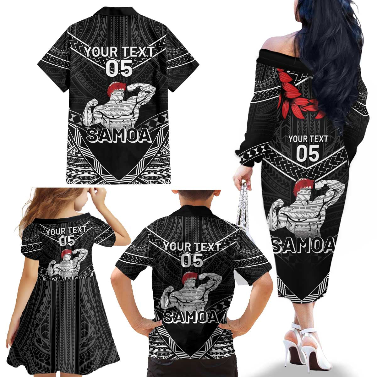 Custom Samoa Wrestling Family Matching Off The Shoulder Long Sleeve Dress and Hawaiian Shirt Samoan Wrestler Ulafala Style LT05 - Polynesian Pride